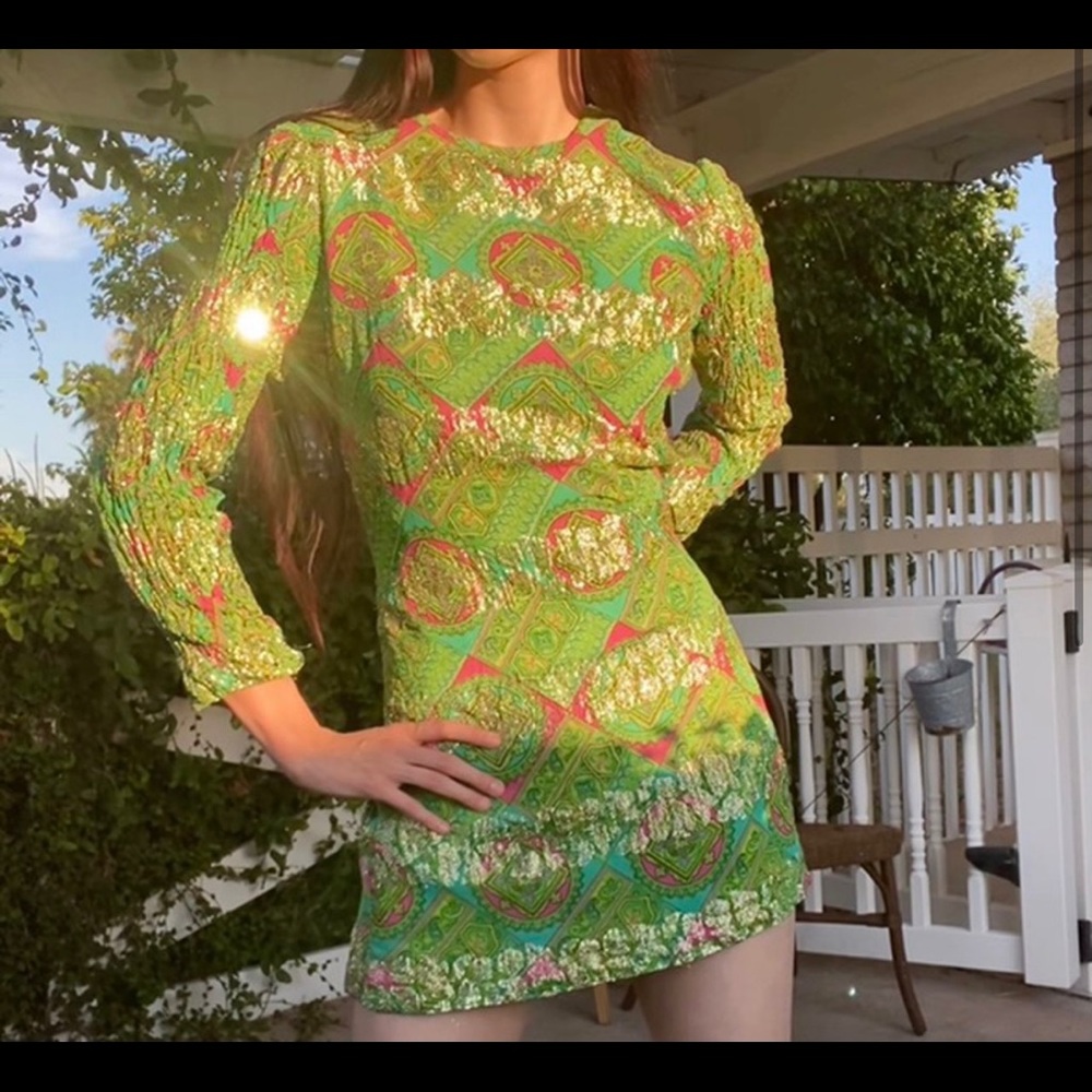 green patterned vintage dress